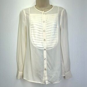 Tory Burch - 100 Percent Silk Pleated Tuxedo Front Button Down Ivory Blouse SZ 4